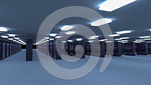 Server room data center. Backup, mining, hosting, mainframe, farm and computer rack with storage information. 3d render