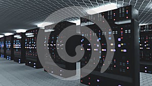 Server room data center. Backup, mining, hosting, mainframe, farm and computer rack with storage information. 3d render