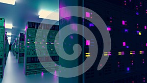 Server room data center. Backup, mining, hosting, mainframe, farm and computer rack with storage information. 3d render