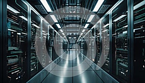 Server room data center. Backup, mining, hosting, mainframe, farm and computer rack with storage information. Generative AI