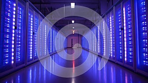 Server Room at Data Center with Blue Light and White Racks Highlighting Modern Technology and Digital Infrastructure