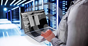 Server Room In Data Center. Cloud Computer Engineer