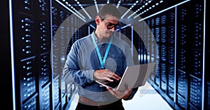 Server Room In Data Center. Cloud Computer Engineer