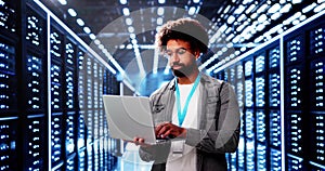 Server Room In Data Center. Cloud Computer Engineer