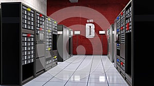 Server room, data center with computer servers in racks, computer facility data storage, 3D render