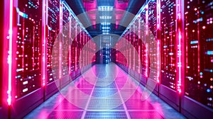 Server room data center corridor with glowing light