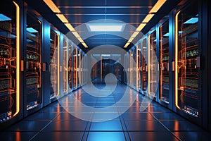 Server room data center. Datacenter hardware cluster. 3d render, server room data center with rows of server hardware. 3d