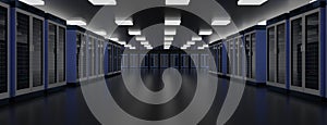 Server room data center. Datacenter hardware cluster. Backup, hosting, mainframe, farm rack with storage information. .