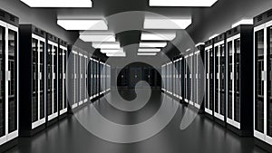 Server room data center. Datacenter hardware cluster. Backup, hosting, mainframe, farm rack with storage information.