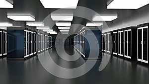 Server room data center. Datacenter hardware cluster. Backup, hosting, mainframe, farm rack with storage information.