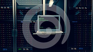 Server room data center. Rackmount LED console. Backup, mining, hosting, mainframe, farm and computer rack with storage