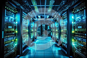 Server room data center with racks and rows of server racks. Generative AI