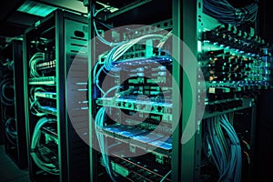 Server room data center with racks and rows of server racks. Generative AI