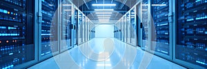 Server room data center with rows of operating computer hardware, technology concept.