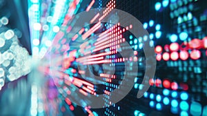 Server room data center showing digital information flowing through hardware