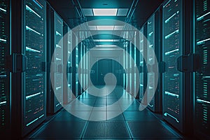 server room data center. Technology used for cloud computing and network security Generative AI