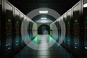server room data center. Technology used for cloud computing and network security Generative AI
