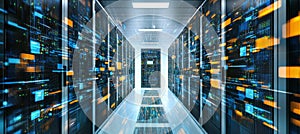 Server Room With Data Flow. Big Data Information, Cloud Computing Technology. Information Security