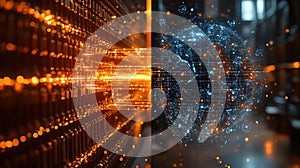 Server room data sphere transfer, network, digital, technology, future, abstract, glowing, energy, processing, background