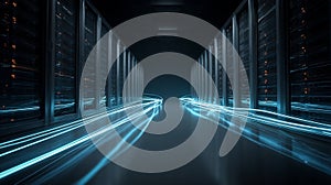 Server room with data streams depicting high speed data transfer and processing