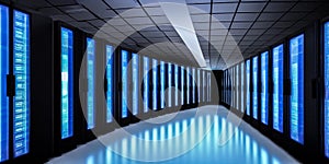 Server room in datacenter, Cloud Computing, Artificial Intelligence, Database, Super Computer Technology Concept. generative ai