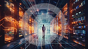 Server Room and Digital Interface: Professionals in Virtual Network,ai generated