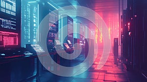 Server room displaying futuristic technology and network data