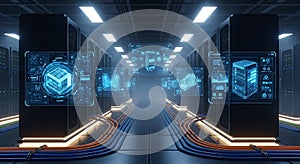 Futuristic server room with holographic displays showcasing data and network architecture