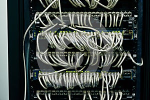 Server room, empty or cables for internet connection, cloud computing network or cyber security hardware. Wires