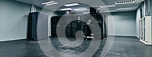 Server room, empty or data center for internet connection, computing network or cyber security hardware. IT support