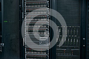 Server room, empty or hardware equipment for networking connection, admin servers or cyber security system. IT support