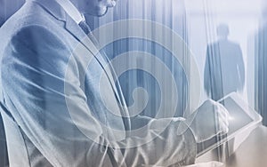 Server room engineer. Double exposure background tonned image