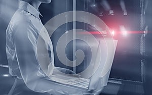 Server room engineer. Double exposure background tonned image