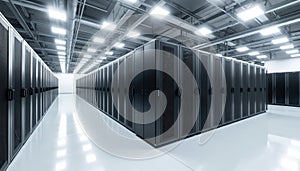 Server room featuring advanced supercomputer tech for data storage processing. Information management, network architecture,