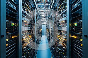Server room filled with racks of equipment and tangled cables creating an impressive technological network