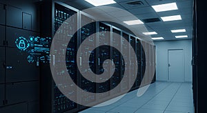 server room with glowing security interface panels