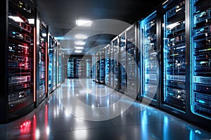 Dark Server Room with Glowing Lights and Reflections