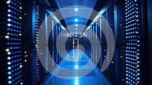 Server room interior, illuminated corridor, advanced technology, data center