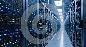 Server room interior with racks and glowing lights in data center perspective view technology concept for big data cloud computing