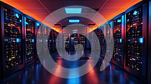 Server Room Interior with Red and Blue Lighting