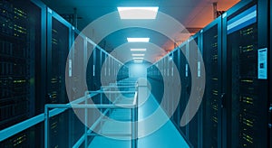 Server room interior view: Technology data center with server racks for digital information storage