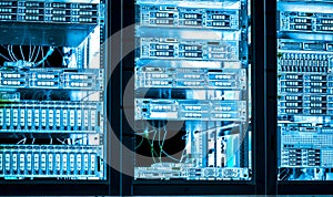 Server room Internet connected servers with multi cables