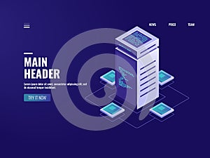 Server room isometric big data processing, cloud storage, blockchain technology, data center and database connection