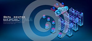 Server room isometric concept. Working in cloud computing, web hosting with cloud data, processing and storing files and informati