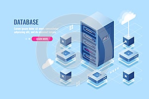 Server room isometric icon, database connection, transfer data on remote cloud storage, server rack, data center photo