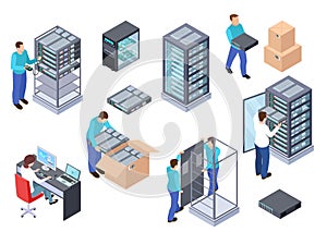 Server room isometric. Information technology server engineer, telecommunication cloud servers, computers and employees