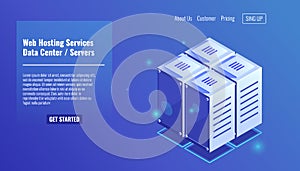 Server room, isometric rack icon, website hosting services, datacenter concept vector