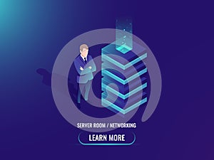 Server room isometric vector, cloud storage concept, super computer, big data processing, web hosting, abstract geometry