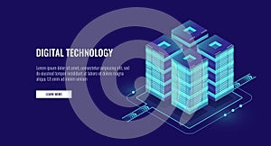 Server room isometric vector, futuristic technology of data protection and processing, networking and web hosting banner