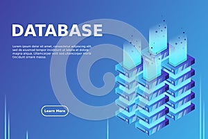 Server room isometric vector, futuristic technology of data protection and processing, networking and web hosting banner, input ou